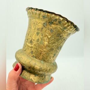Vintage Etched Brass Vase, Flared Scalloped Rim with Bulbous Base, Decorative